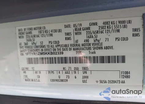 2019 Ford Transit-250 z USA, uszkodzony, nr VIN 1FTYR1ZM5KKB02339